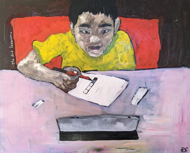 An oil portrait of a Nepalese child in a yellow shirt sitting at a white table in a red chair, completing a homework assignment against a black background.